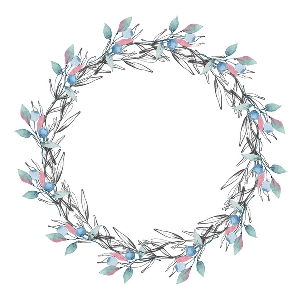 watercolor flower and berries circle frame. Perfect for invitation, wedding or greeting cards. - Φωτογραφία, εικόνα