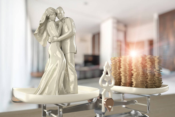 The figurine young couple husband and wife are standing on the scale, coins are lying on the opposite side of the scale, 3d illustration - Photo, Image