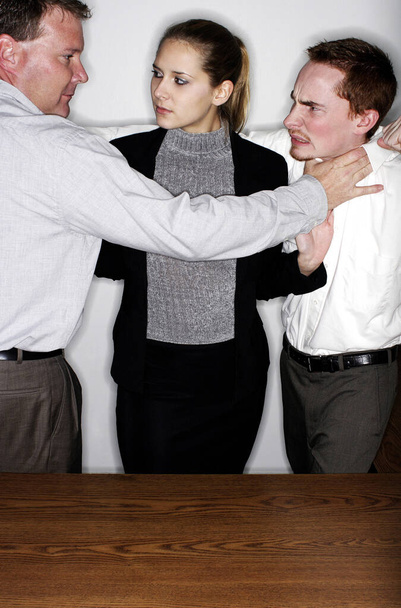 Businesswoman trying to cool off two angry men - Zdjęcie, obraz