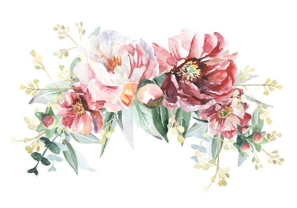 Akvarel květiny kytice izolované na bílém pozadí. Lze použít jako přání na uvítanou, pozvánku na svatbu, - Fotografie, Obrázek