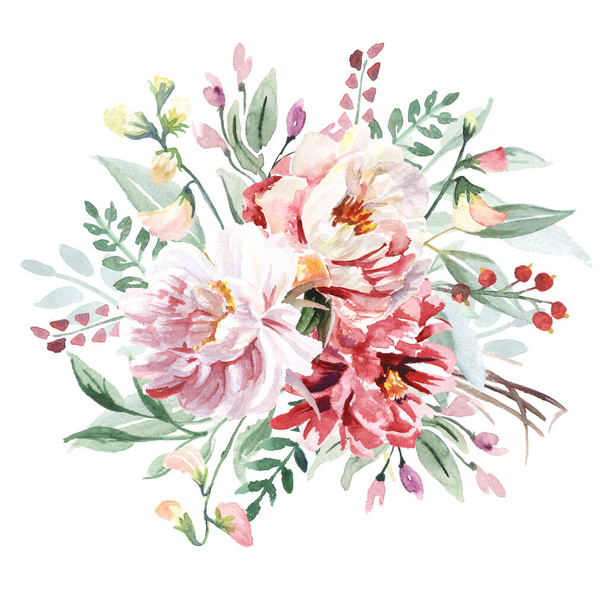 Watercolor flowers bouquet isolated on white background. Can be used as greeting card, invitation card for wedding, - Foto, Imagem