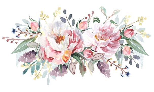 Akvarell virágok csokor elszigetelt fehér háttér. Használható üdvözlőkártyaként, esküvői meghívóként., - Fotó, kép