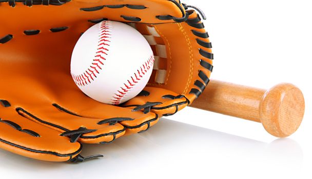 Baseball glove, bat and ball isolated on white - Photo, Image