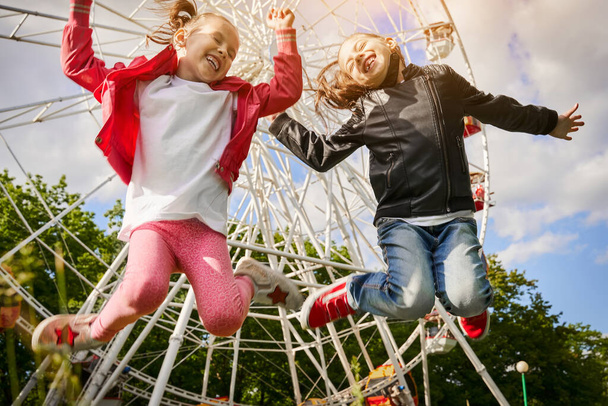 Dvě holky se baví v zábavním parku. A Ferris Wheel Are On The Background. - Fotografie, Obrázek