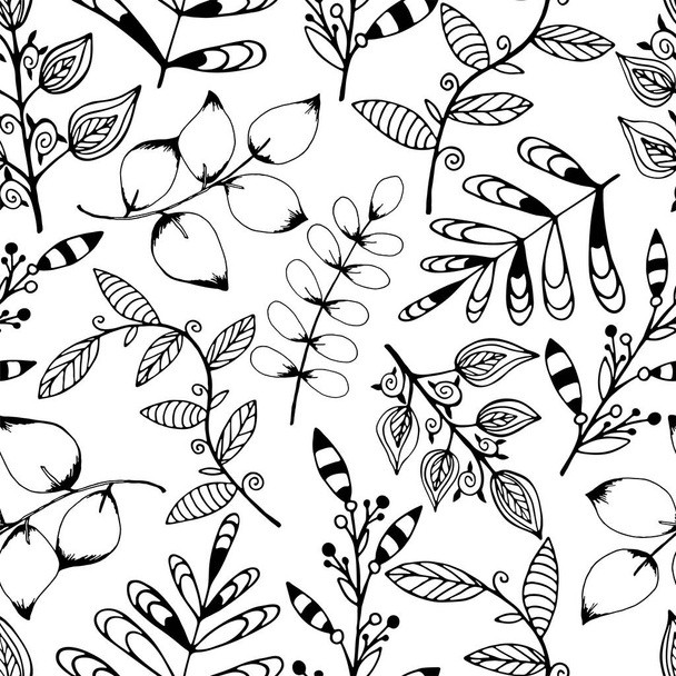 Hand drawn decorative seamless pattern of leaves, branches, curls, flowing lines. Floral set elements. Cute doodle sketch illustration for greeting card, invitation, wallpaper, wrapping paper - Vektor, Bild