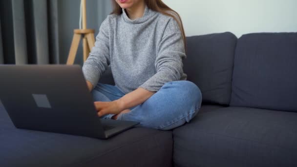 Vrouw zittend op een gezellige bank en werkend aan een laptop. Begrip werk op afstand. - Video