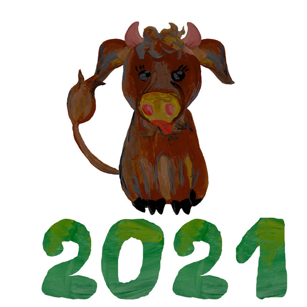 Söpö kuva härkä, vuoden symboli ja vihreä käsi piirtää numerot 2021, suunnitteluun ja luovuuteen - Valokuva, kuva