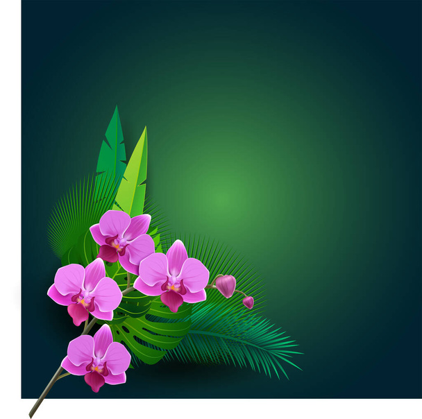 Векторная иллюстрация с 3d цветами. Красивый фон с тропическими растениями на зеленом
. - Вектор,изображение