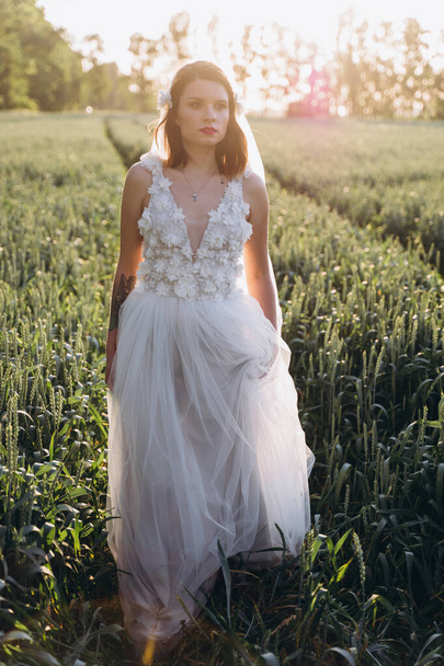 young woman wearing veil and long white dress standing in the meadow - Foto, Imagem