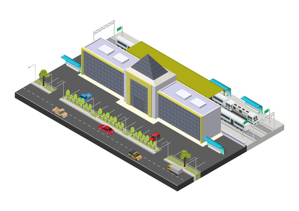 Здание векторного изометрического железнодорожного вокзала общего пользования с поездами, платформой и сопутствующей инфраструктурой
 - Вектор,изображение