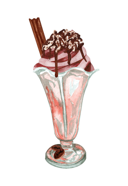 Watercolor chocolad ice cream in a glass. Hand drawn sundae Illustration with chocolate stick and cream on top. - Fotó, kép