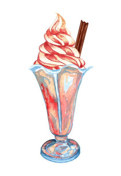 Watercolor strawberry ice cream in a glass. Hand drawn sundae Illustration with chocolate stick on top. - Foto, Imagen