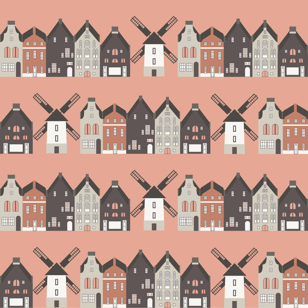 Παραδοσιακά ολλανδικά σπίτια και μύλοι - αδιάλειπτη διανυσματικό μοτίβο με - Διάνυσμα, εικόνα