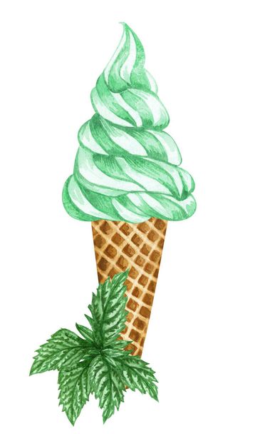 Cono gelato alla menta acquerello isolato su sfondo bianco. Illustrazione disegnata a mano foglie di menta fresca e un gelato verde in un cono di cialda. - Foto, immagini