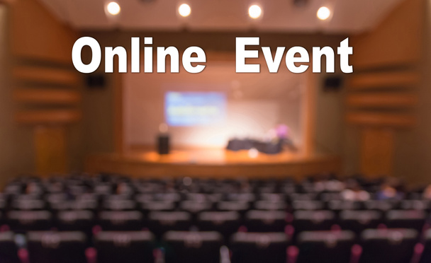 Online Event Text over blur photo of conference hall or seminar room without attendee background, Offline is over, online transfer and television production browance is new normal, covid outbreak - Фото, зображення