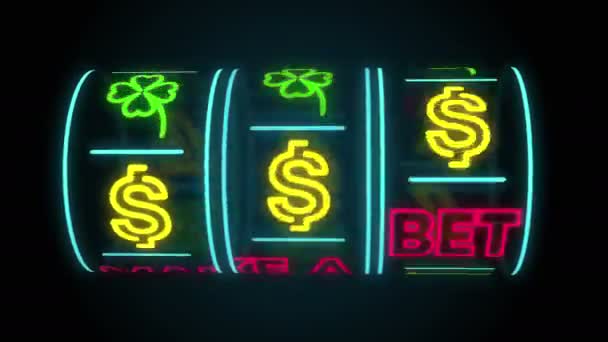 neon kasyno automat spinning, pieniądze latające po wygranej kombinacji i tekst zrobić zakład - Materiał filmowy, wideo