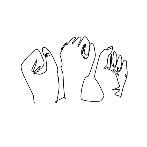 Hands with clenched fingers in one line art style. Continuous line drawing fists. Protest or revolution concept. Hand drawn vector illustration on white bacground - Vector, Image