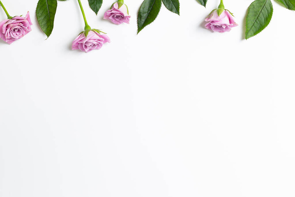 Rosafarbene Blüten auf weißem Hintergrund. Florale Komposition, flache Lage, Draufsicht, Kopierraum - Foto, Bild