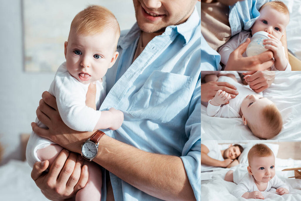 Küçük oğlunu kucağında tutan, onu bebek şişesinden besleyen ve yatakta birlikte yatan genç bir babanın kolajı. - Fotoğraf, Görsel
