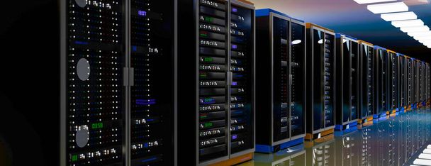 Server racks in server room cloud datacenter. Datacenter hardware cluster. Back-up, hosting, mainframe, mijnbouw, boerderij en computer rack met opslaginformatie. 3D weergave. 3D illustratie - Foto, afbeelding