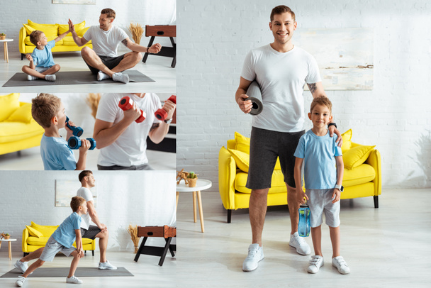 collage of father and son exercising at home - Foto, afbeelding