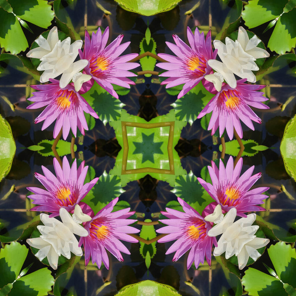 sfondo astratto di modello di fiore di loto di un caleidoscopio. mandala frattale di sfondo verde rosa. arabesco caleidoscopico astratto. ornamento geometrico motivo floreale - Foto, immagini