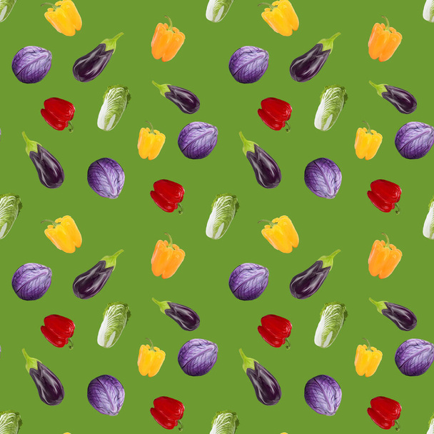 Bezešvé vzory vegetariánské papriky, zelí. Gouache ručně kreslené ilustrace na zelenou. Čerstvé jídlo. Design pro textil, obaly, tkaniny, jídelníčky, kavárny - Fotografie, Obrázek