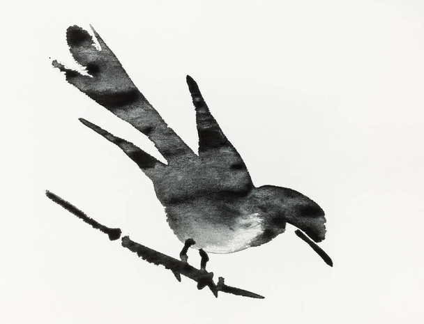 bird on twig of reed hand-drawn by black ink on old textured paper in sumi-e (suibokuga) style - Fotoğraf, Görsel