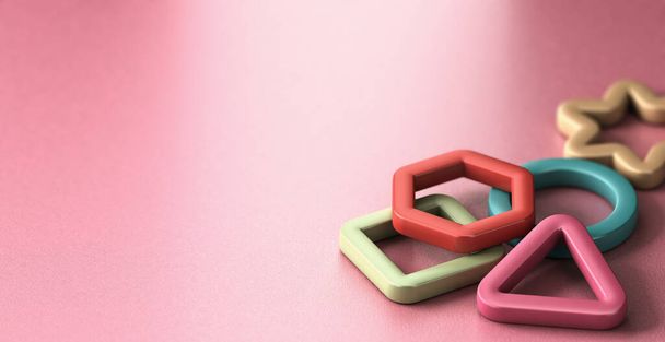 Ilustración 3D de formas geométricas básicas sobre fondo rosa. Concepto educación infantil - Foto, Imagen