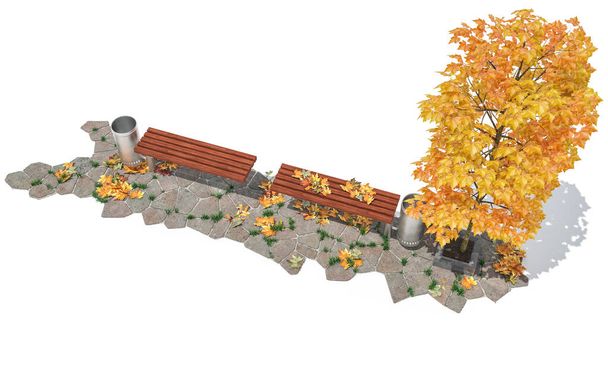 Eristetty kuva penkit ja puu Cobblestones - Valokuva, kuva