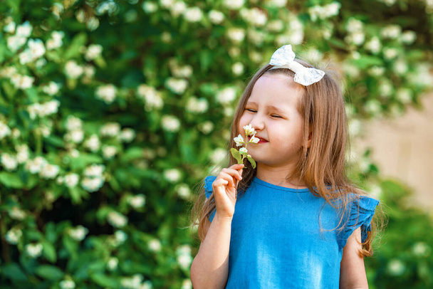 charming little girl of 4 years old sniffs Jasmine flowers in a Sunny summer garden. A child with a bow on his head enjoys the aroma of beautiful flowers. Romantic concept of tenderness, childhood. - Photo, image