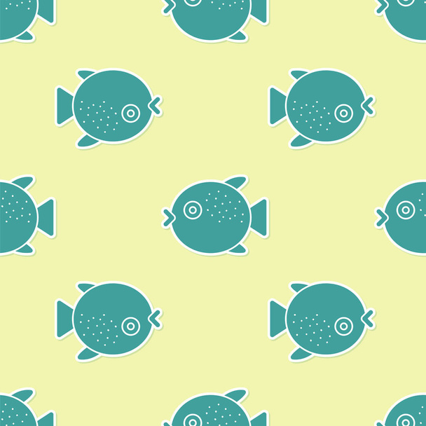 Green Puffer fish icon isolated seamless pattern on yellow background. Fugu fish japanese puffer fish.  Vector.. - Vector, Image