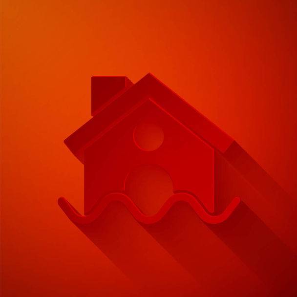 Papier gesneden House vloed pictogram geïsoleerd op rode achtergrond. Huisoverstroming onder water. Verzekeringsconcept. Beveiliging, veiligheid, bescherming, veiligheidsconcept... - Vector, afbeelding