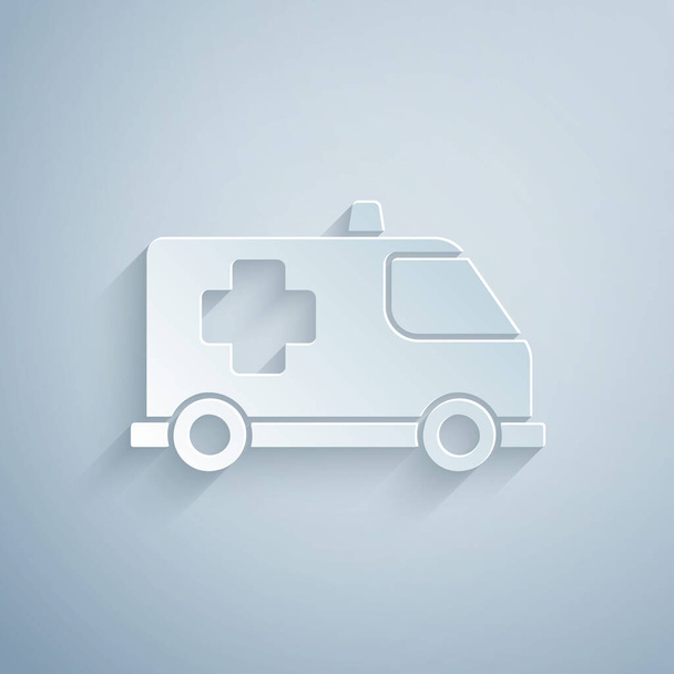 Paper cut Ambulance and emergency car icon isolated on grey background. Ambulance vehicle medical evacuation. Paper art style. Vector.. - Vector, Image