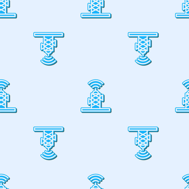 Línea azul Icono de antena inalámbrica aislado patrón sin costura sobre fondo gris. Tecnología y señal de red antena de radio. Vector
. - Vector, Imagen