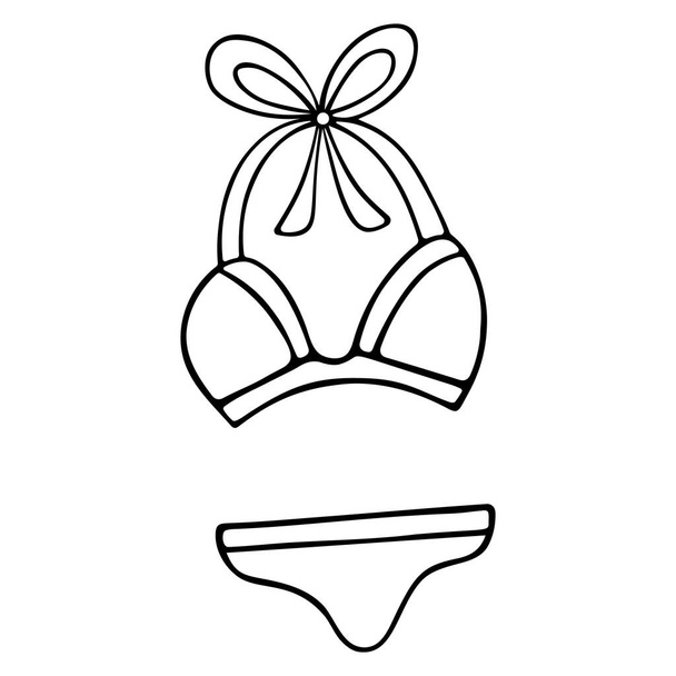Bikini Vector illustration.The swimsuit is feminine. Outline on an isolated white background. Sketch Clothing for tanning and swimming. The leisure suit consists of two parts: swimming trunks and a bra. Doodle style. Mood to travel. Fashion and style - Wektor, obraz