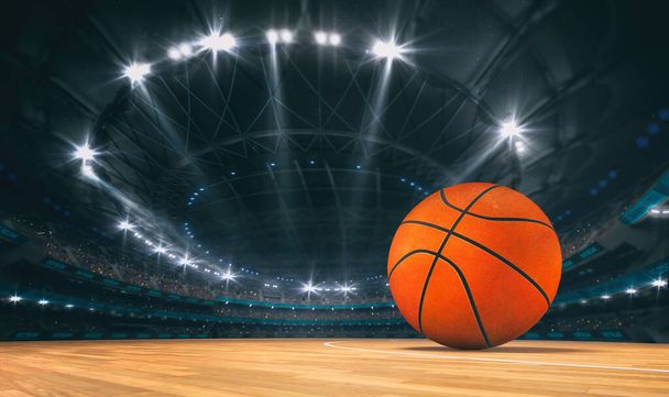 Nádherná basketbalová aréna s basketbalem na dřevěné podlaze s diváky na tribuně. Profesionální svět sport 3D ilustrace pozadí. - Fotografie, Obrázek