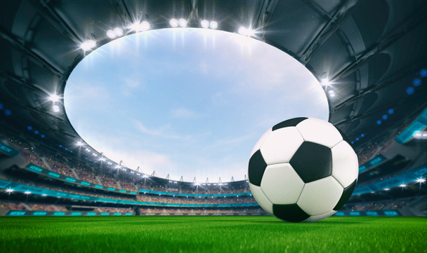 Magnificent outdoor stadium with a football ball on the green lawn of the field with spectators on the stands. Professional world sport 3D illustration background. - Photo, Image
