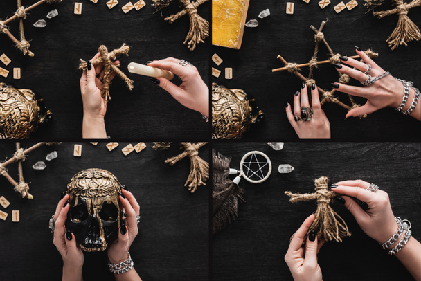 collage van heks met schedel en voodoo poppen in de buurt van kristallen, runen en pentagram op zwart  - Foto, afbeelding
