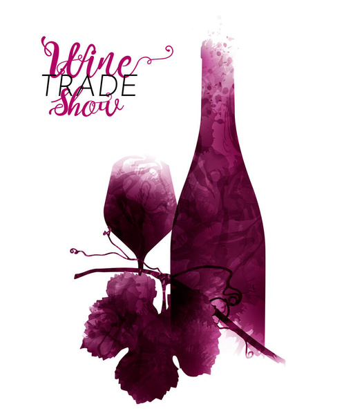 illustration of still life with bottle and glass of wine and vine leaf. Artistic illustration with red wine stains. Poster, cover, advertisement, flyer for wine events. Vector - Vector, Image