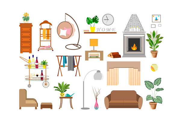 Trendy home decor elements with plants and  interior design. Furniture and Home Accessories.For web site, print, poster, presentation, infographic. - Vector, Image