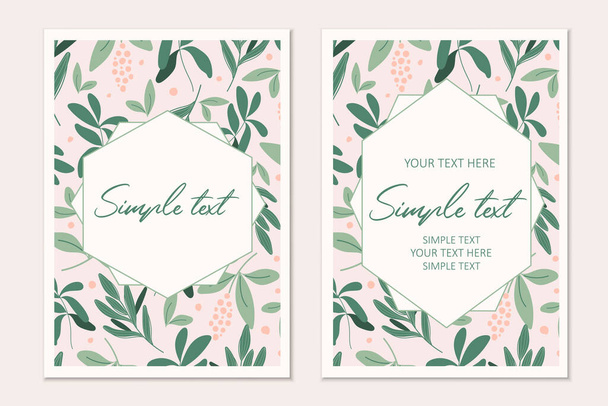 Modelo de cartão de convite botânico moderno com flores e folhas. Cartões com espaço para texto. - Vetor, Imagem