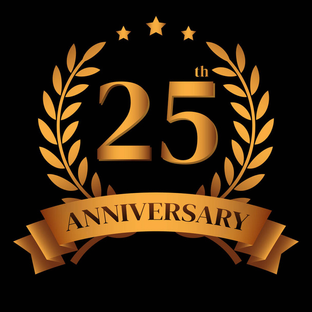 25. arany évforduló logó, Laurel koszorú és arany szalag vektor illusztráció - Vektor, kép