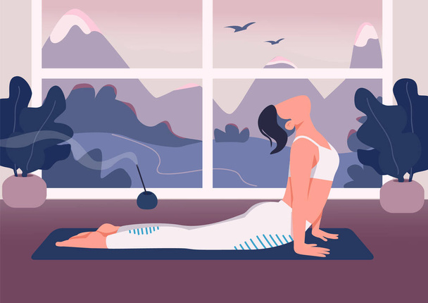 Yoga at home flat color vector illustration - Вектор,изображение