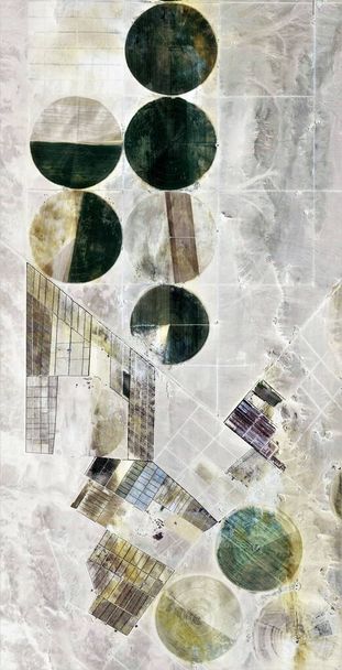 Il potere del vento, fattorie di colture umane nel deserto, omaggio a Pollock, fotografia verticale astratta dei deserti dell'Africa dall'aria, vista aerea, espressionismo astratto, naturalismo astratto - Foto, immagini
