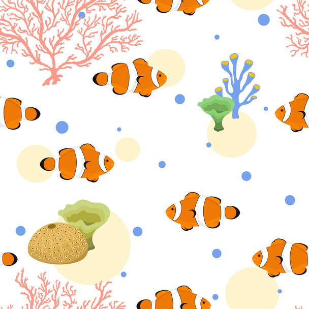 Seamless pattern with clown fishes, seaweeds and corals. Vector hand drawn illustration of underwater sea life with tropical exotic aquacultures. Print and textile design. - Wektor, obraz
