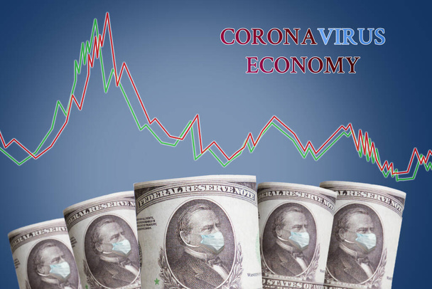 Banknotes with the image of the President in a medical mask and a diagram on a blue background. The inscription Corona virus economy. The concept of the financial crisis, and viral pandemics. - Foto, imagen