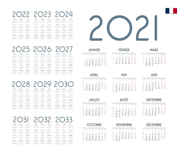 Французький календар на 2021 - 2033 роки. Тиждень починається в понеділок - Вектор, зображення