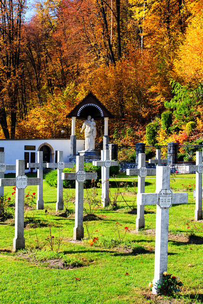 CZERNA, POLSKA - PAŹDZIERNIK 14: Krzyże oznaczają groby mnichów w pobliżu klasztoru w Czernej 14 października 2013 r. Sam klasztor ma ponad 300 lat.. - Zdjęcie, obraz