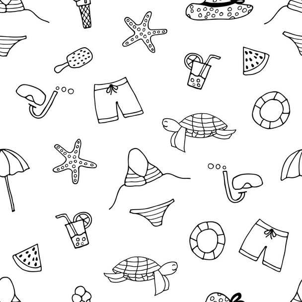Seamless doodle summer pattern design in vector on white background. Hand drawn seamless summer pattern design - Вектор,изображение
